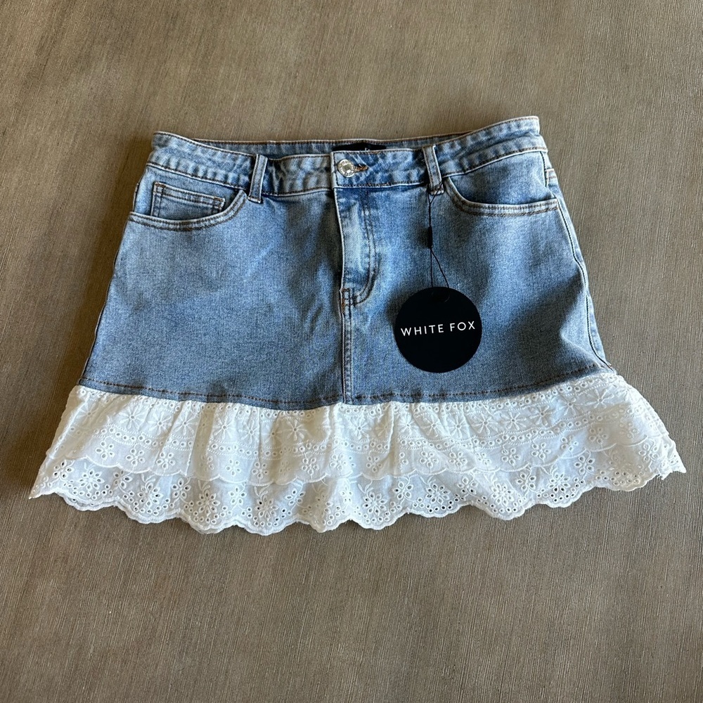White Fox Boutique Denim Skirt with Lace Trim